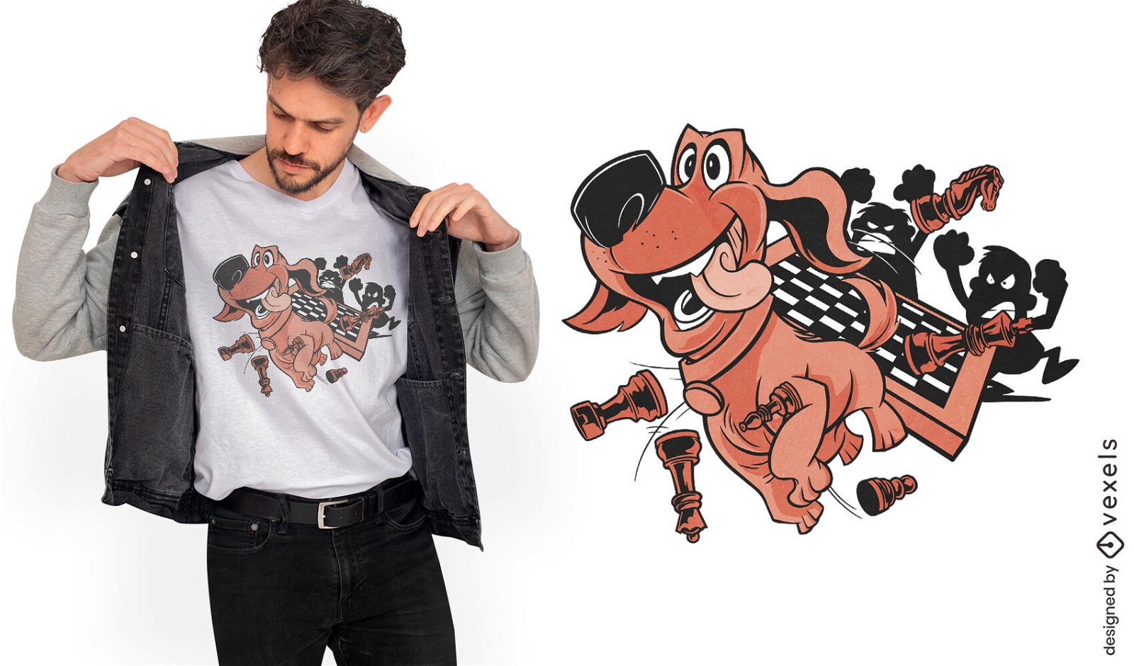 Design de camiseta de desenho animado de cachorro de xadrez