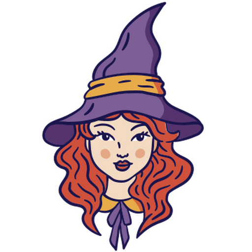 Una joven bruja pelirroja con un sombrero morado. Diseño PNG