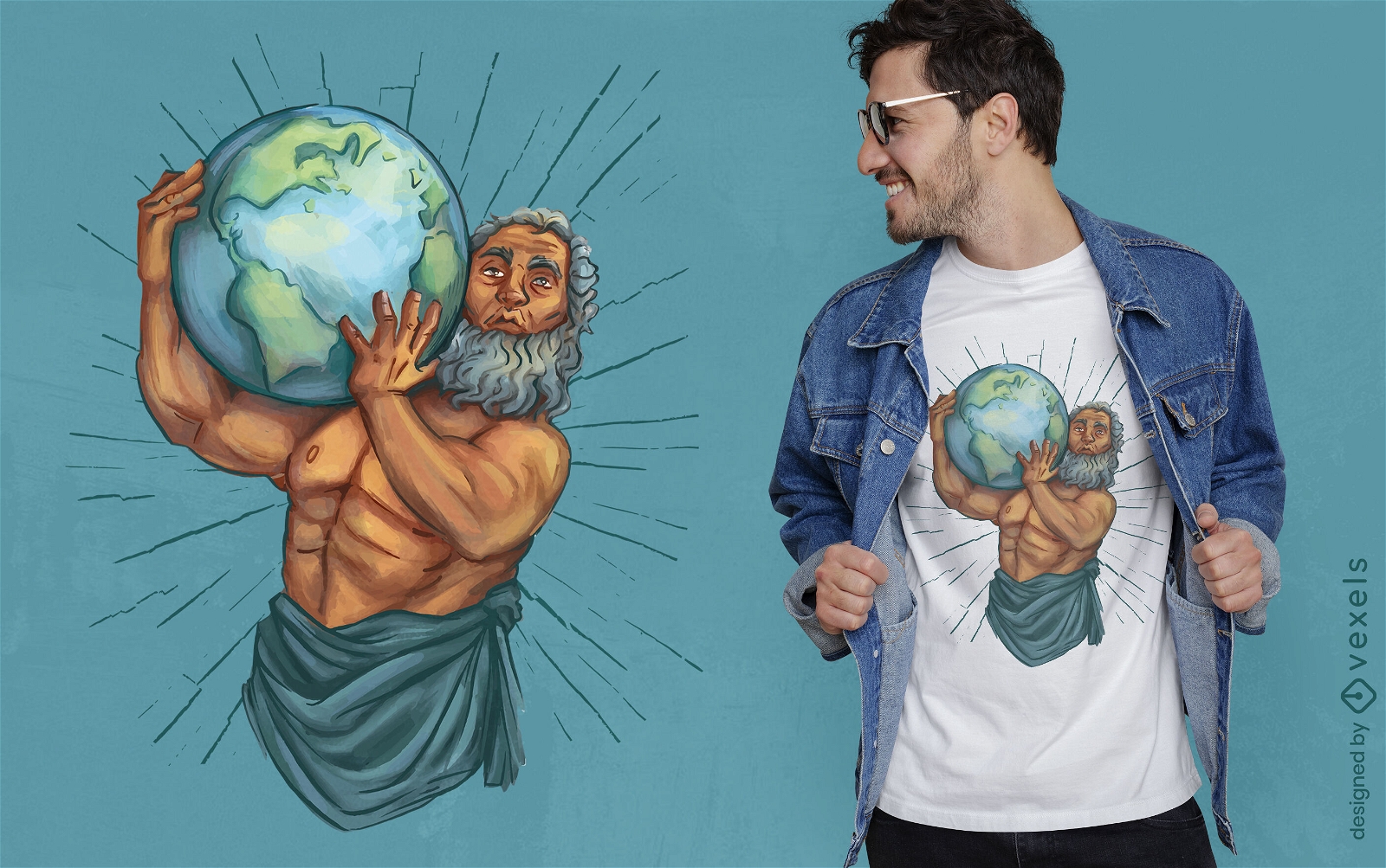 Diseño de camiseta Atlas llevando el mundo.