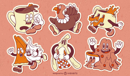 Adesivos de comida de desenho animado retrô de ação de Graças