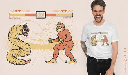 Worm monster vs Big Foot retro videogame t-shirt design
