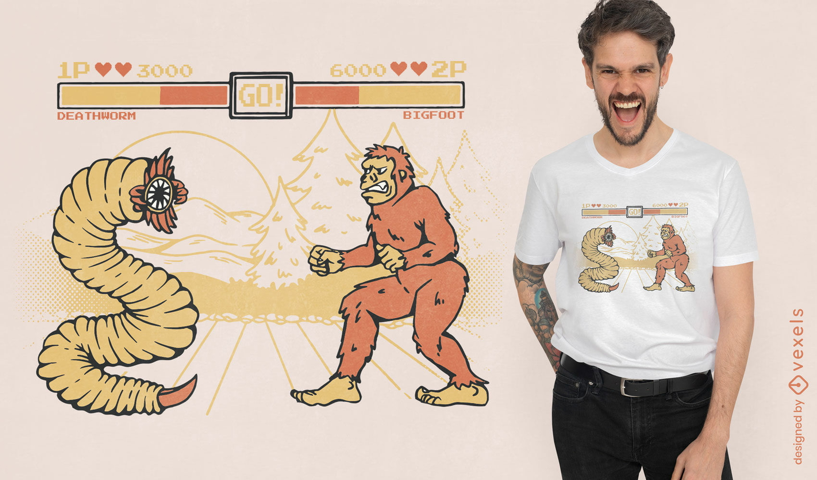 Diseño de camiseta de videojuego retro Worm monster vs Big Foot