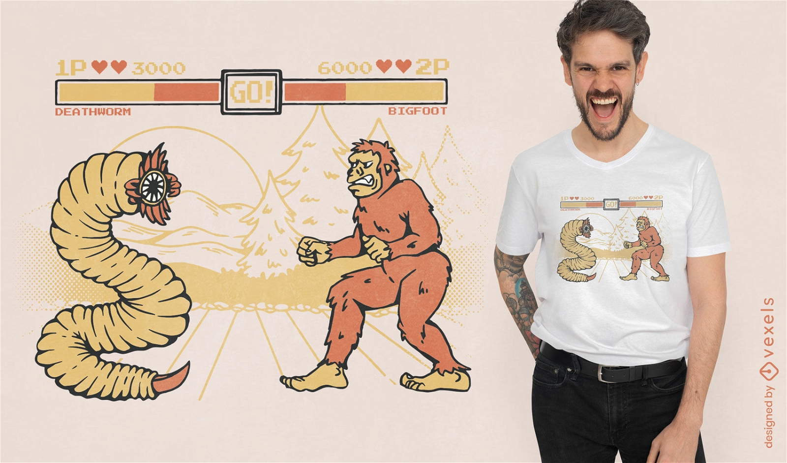 Wurmmonster gegen Big Foot Retro-Videospiel-T-Shirt-Design