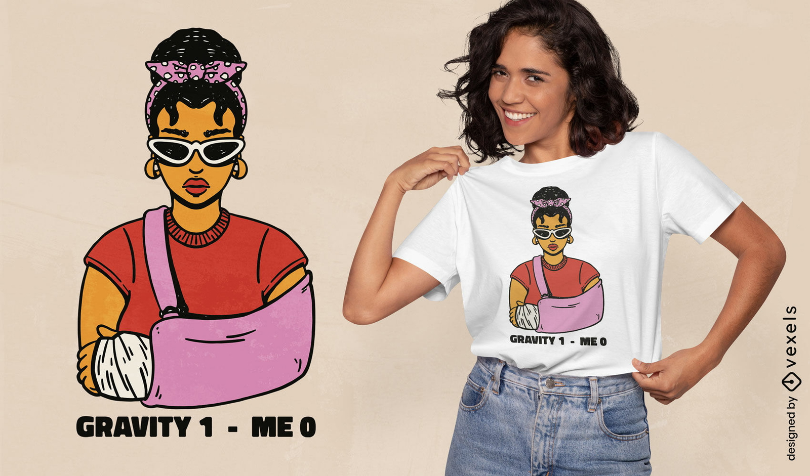 Mulher com design de camiseta de braço quebrado