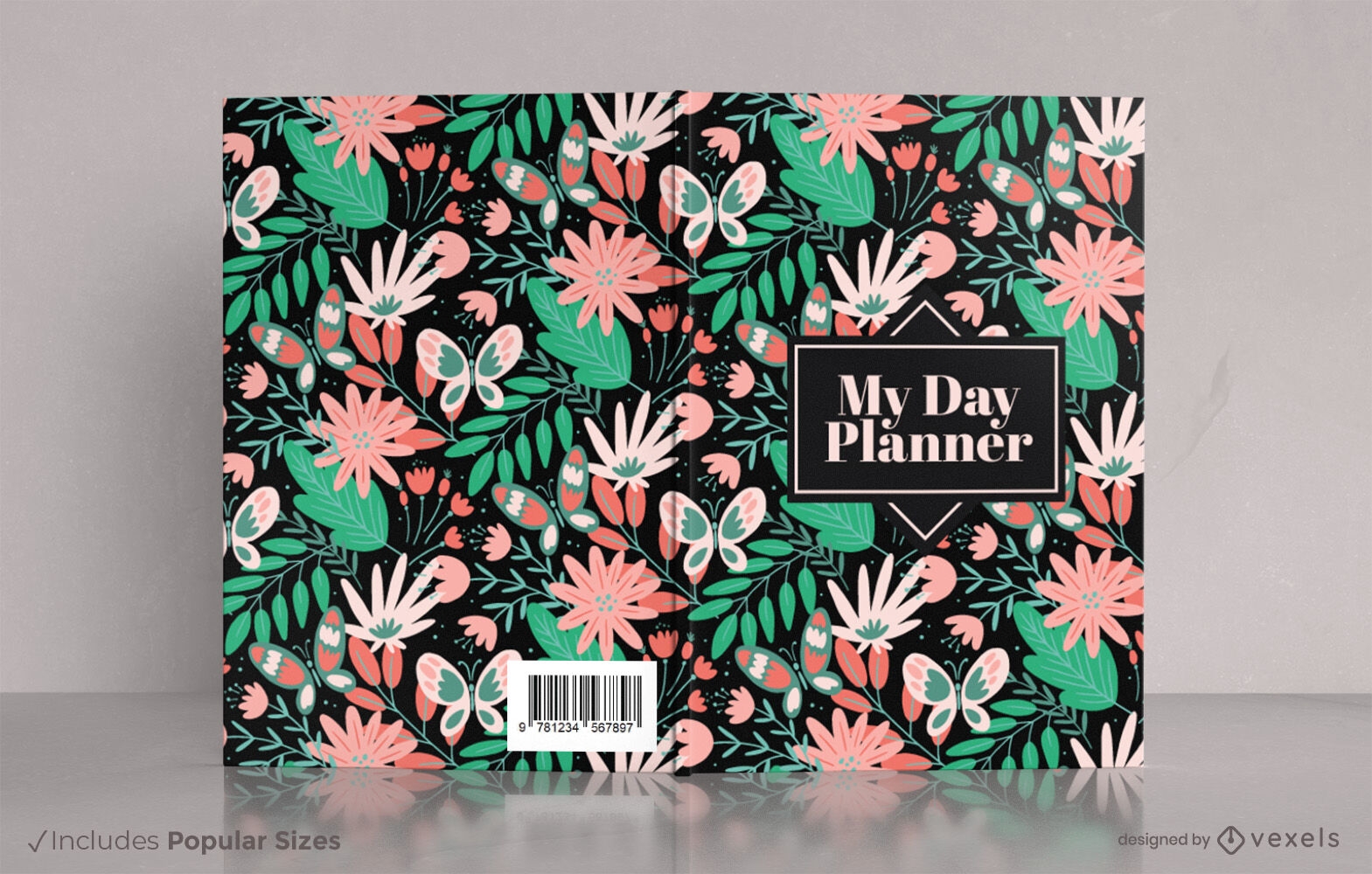 Buchcover-Design mit Blumen und Schmetterlingen