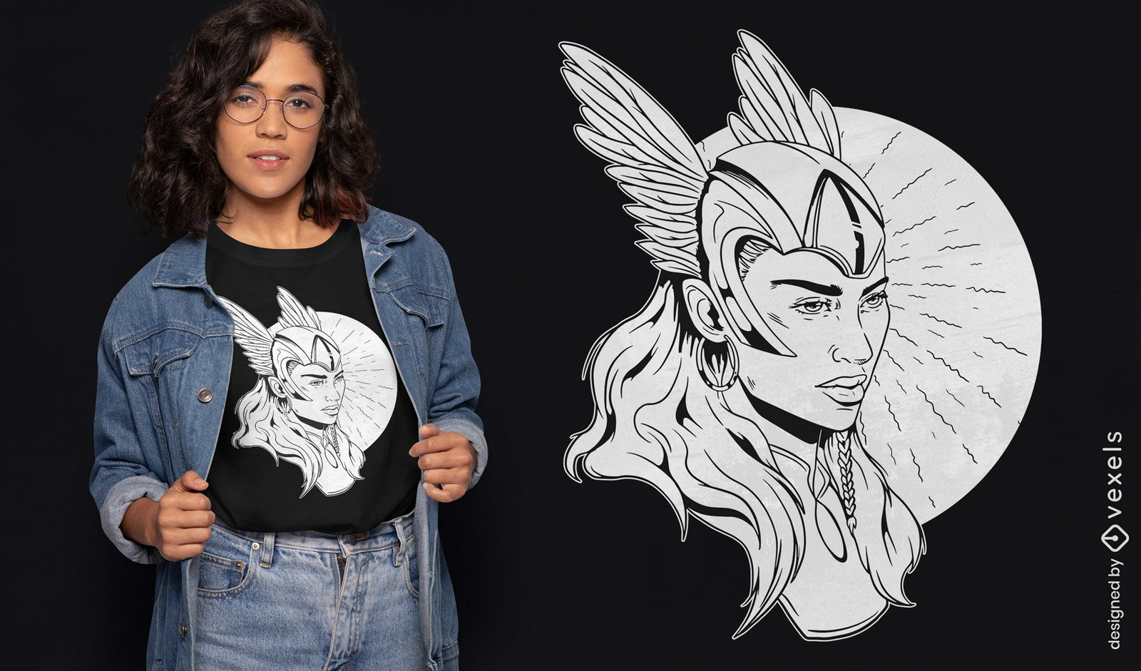 Diseño detallado de camiseta con cara de valquiria