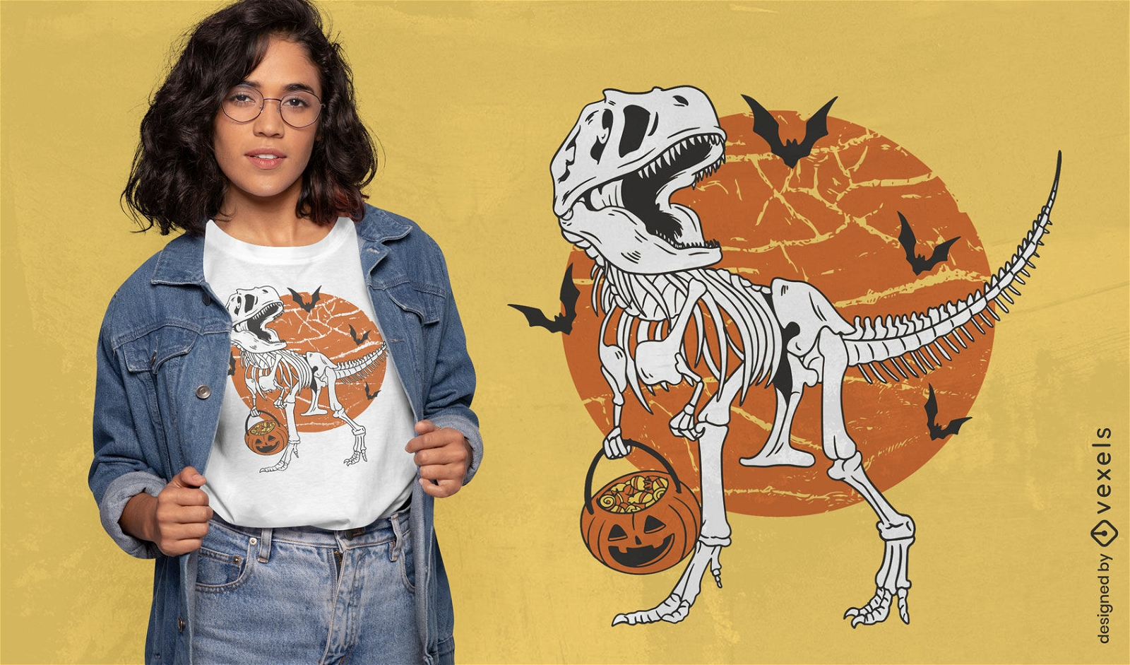 Dise?o de camiseta de esqueleto de dinosaurio t-rex de Halloween
