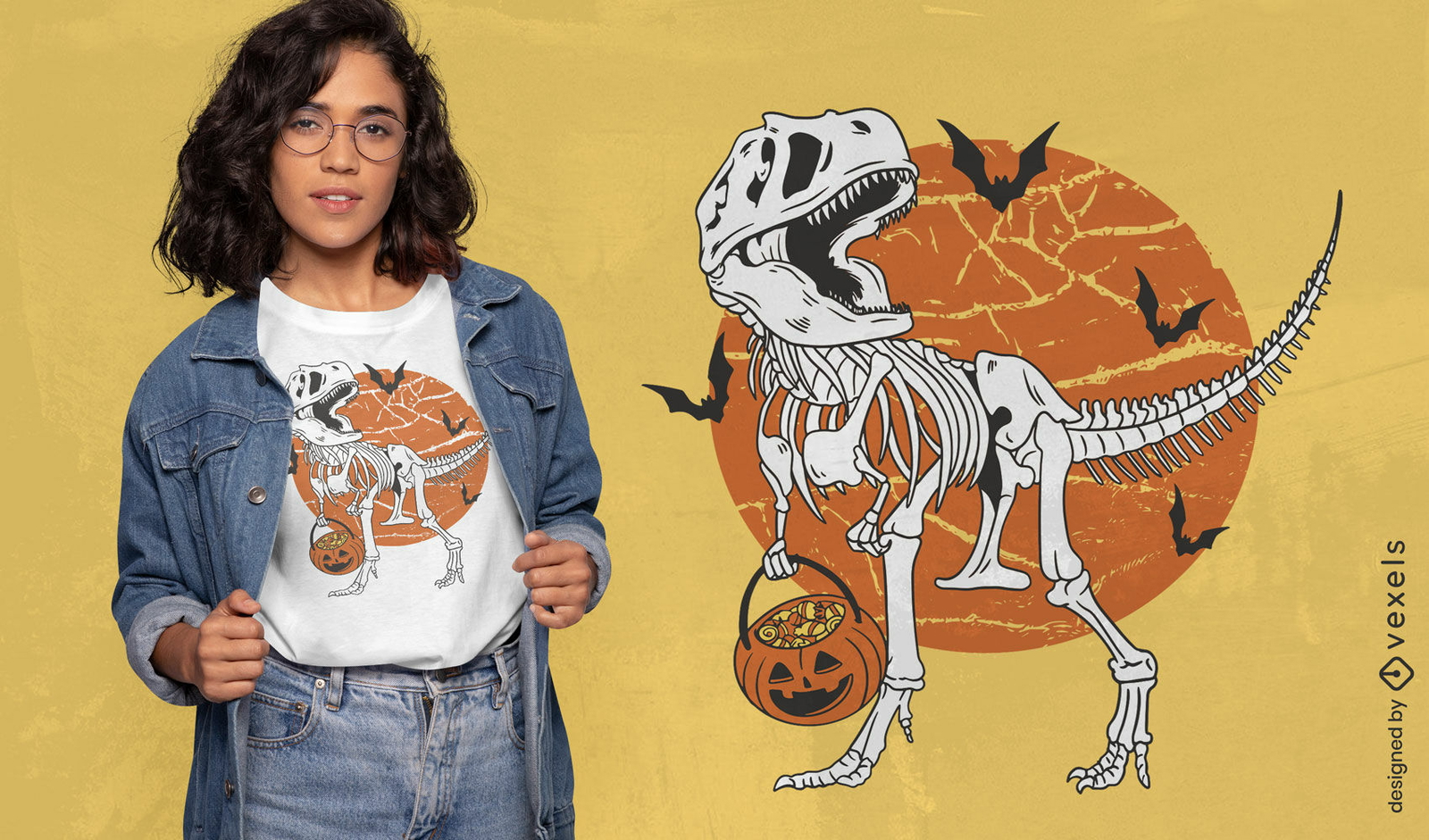 Diseño de camiseta de esqueleto de dinosaurio t-rex de Halloween