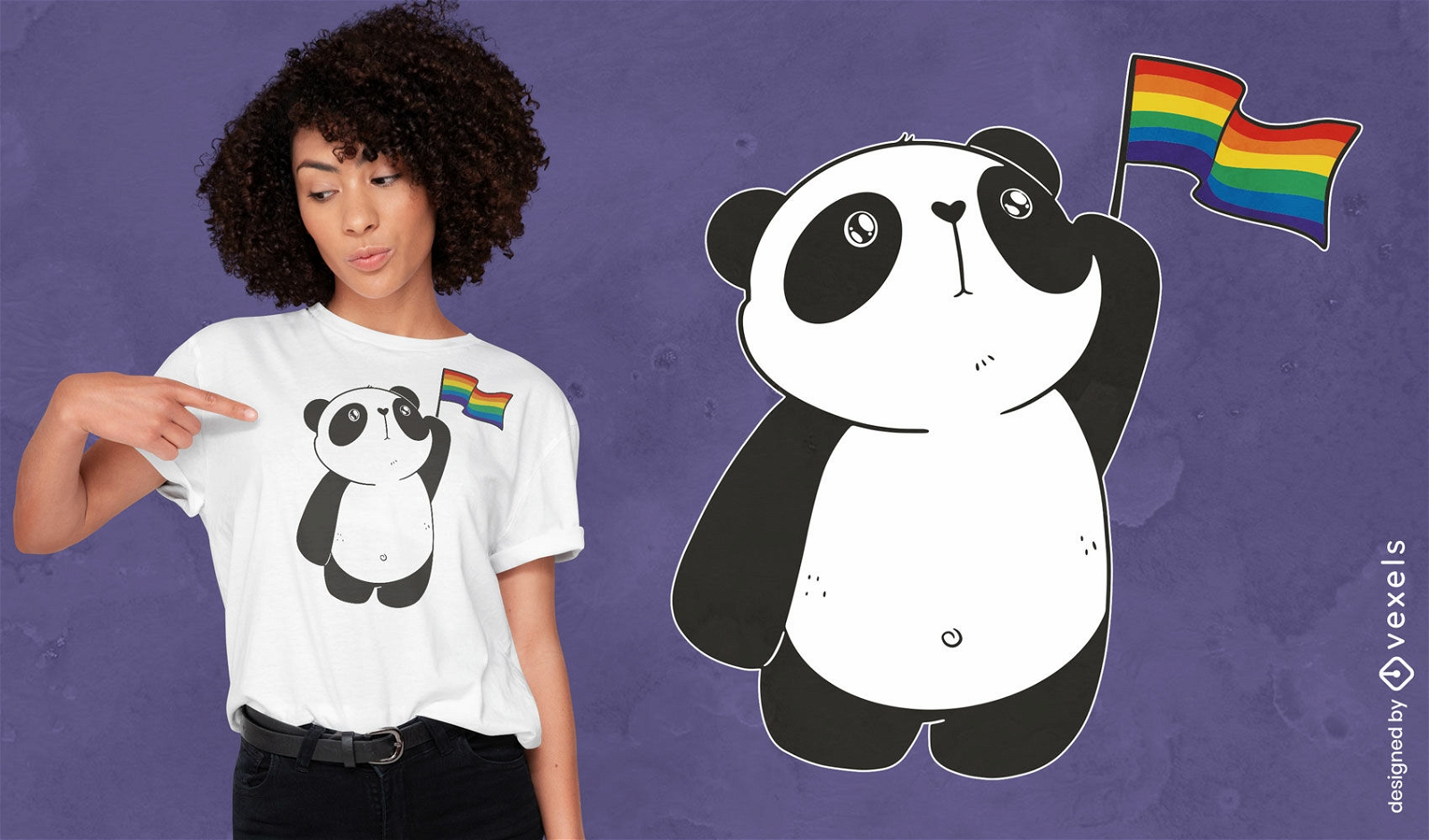 Panda bonito acenando design de t-shirt de bandeira do arco-íris