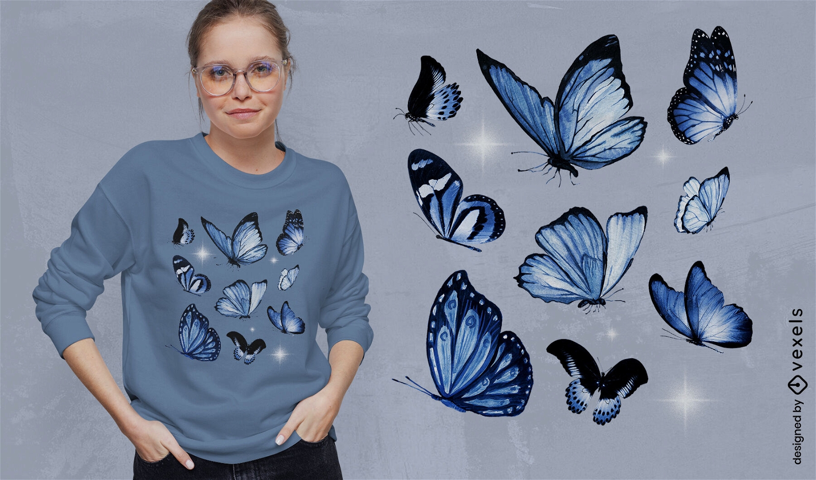 Design de camiseta de borboletas azuis realistas