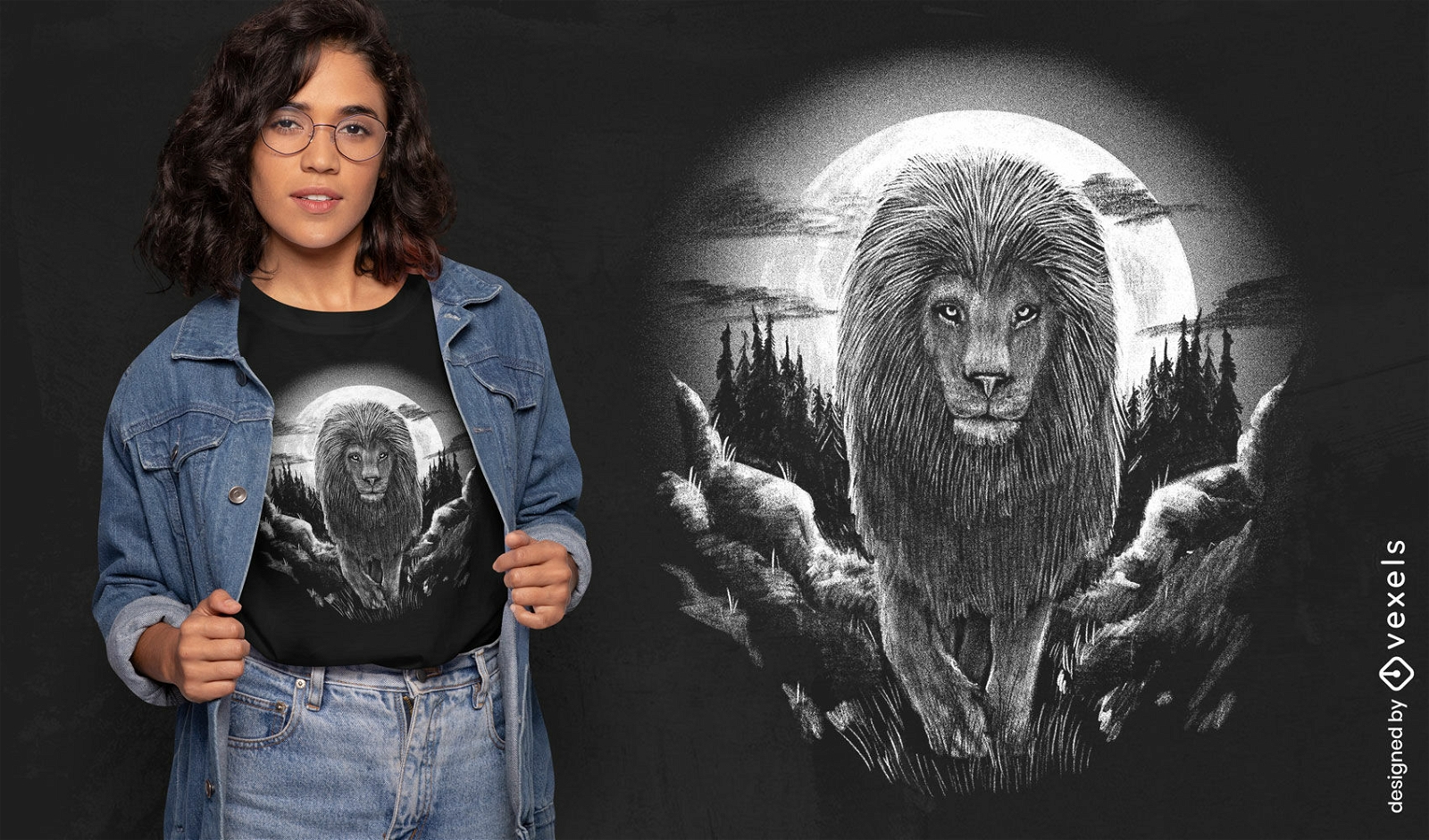 Diseño de camiseta de león y luna llena.