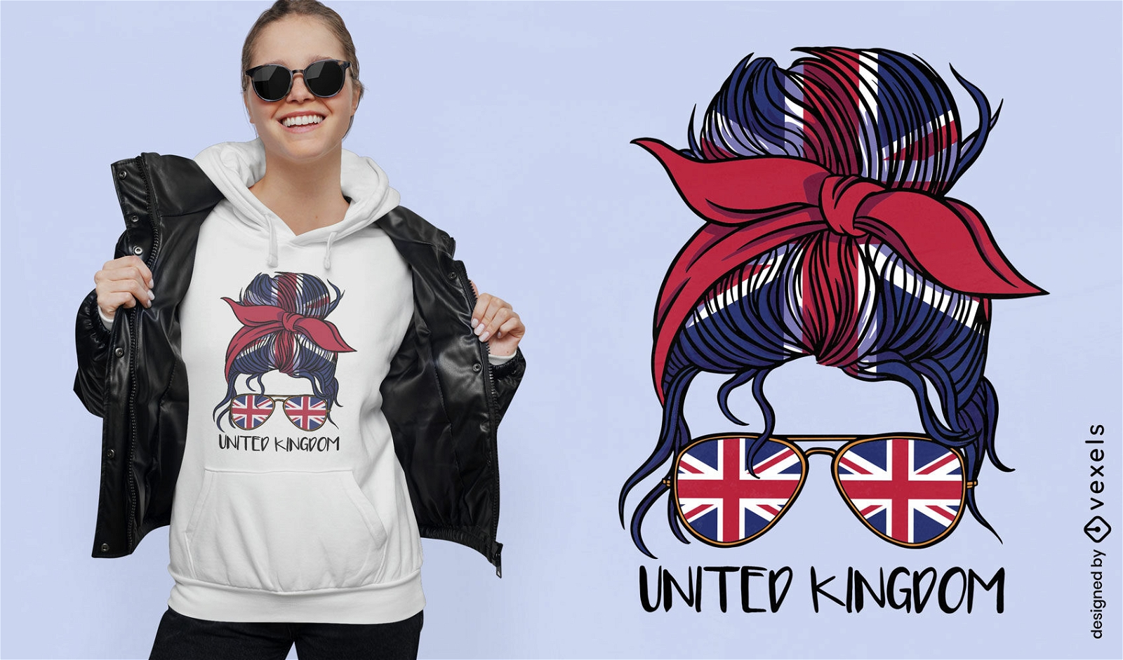 Bandeira do Reino Unido e design de camiseta de menina de coque bagunçado