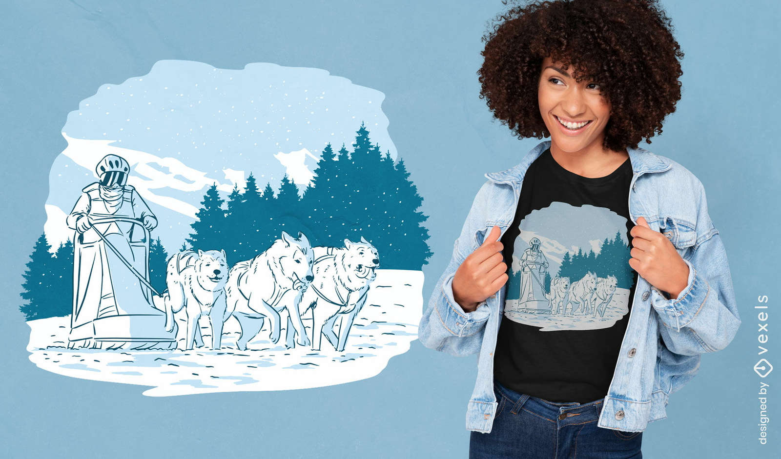 Mushing dogs y un diseño de camiseta de trineo.