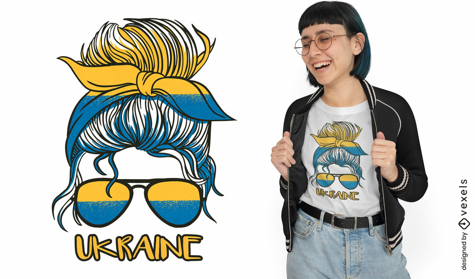 Unordentliches Brötchen-T-Shirt Design der Ukraine-Flaggenfrau