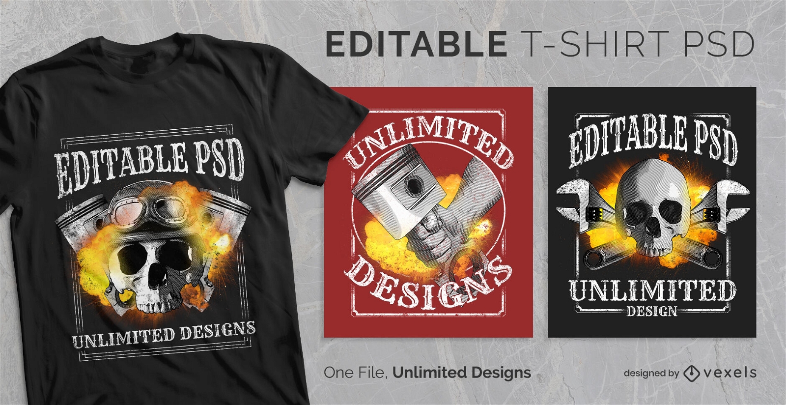 Skalierbares T-Shirt mit Feuer und Totenköpfen PSD
