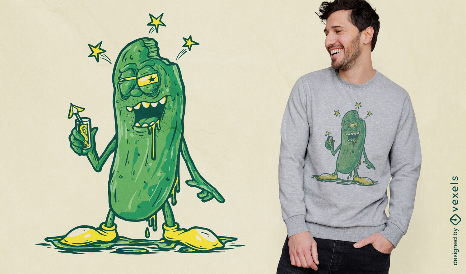 Drunk pickle cartoon t-shirt design