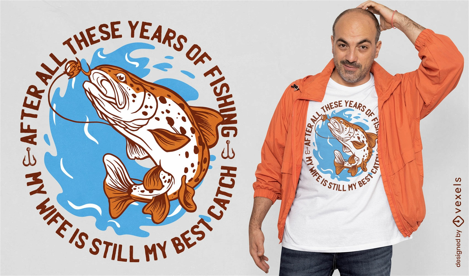 Diseño de camiseta con cita de pesca y esposa.