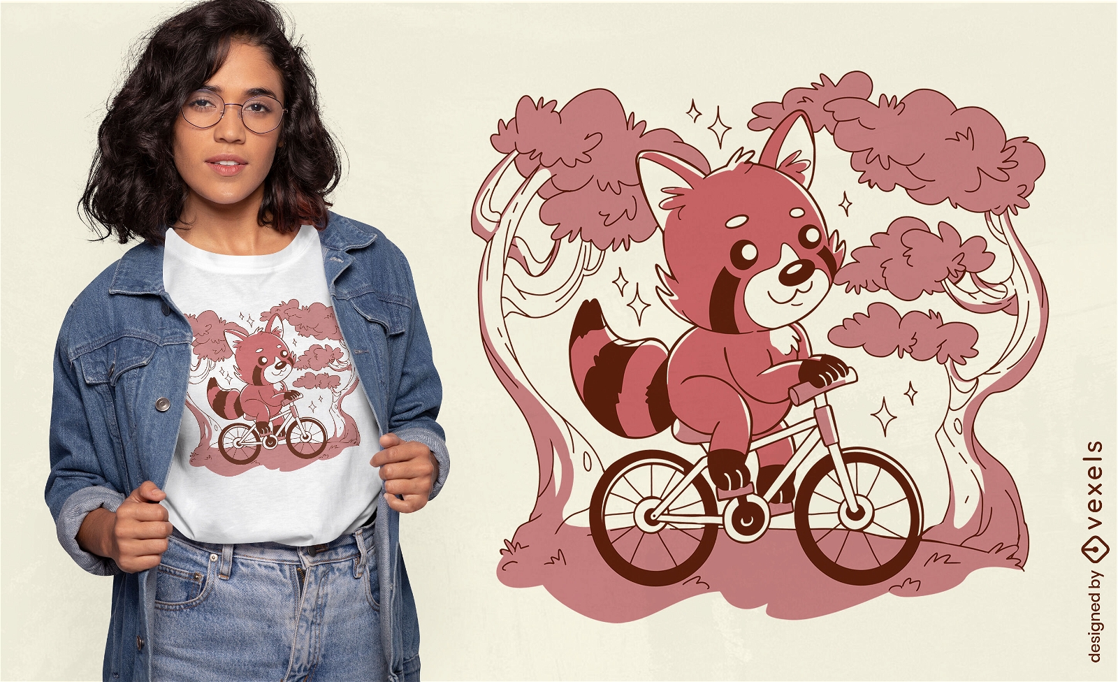 Panda vermelho montando um design de camiseta de bicicleta