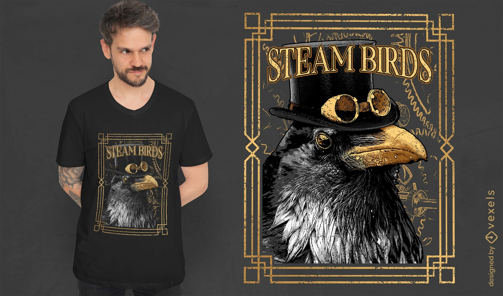 P?ssaro corvo steampunk com camiseta de chap?u psd