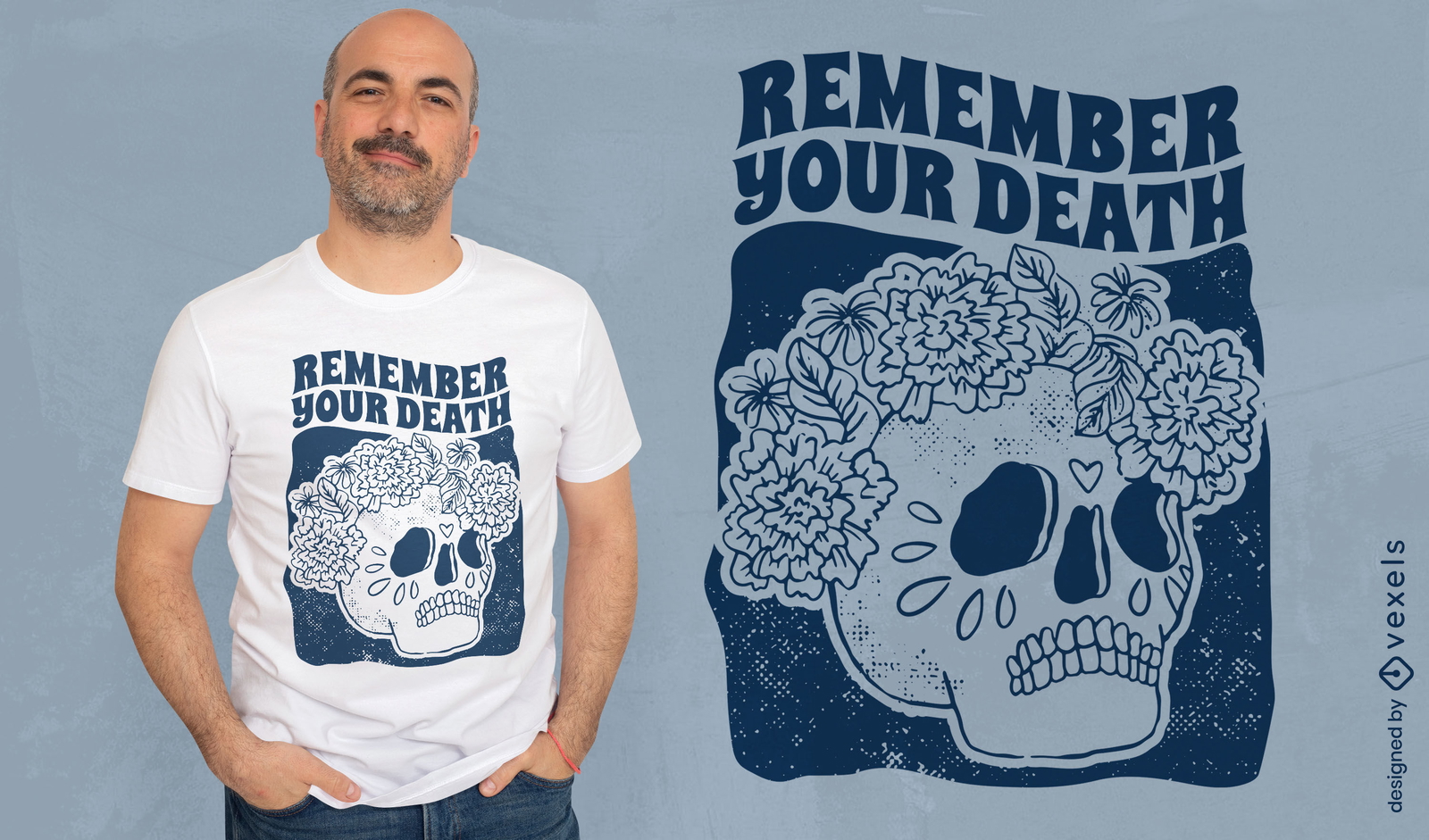 Design de camiseta com citação de morte de caveira Catrina