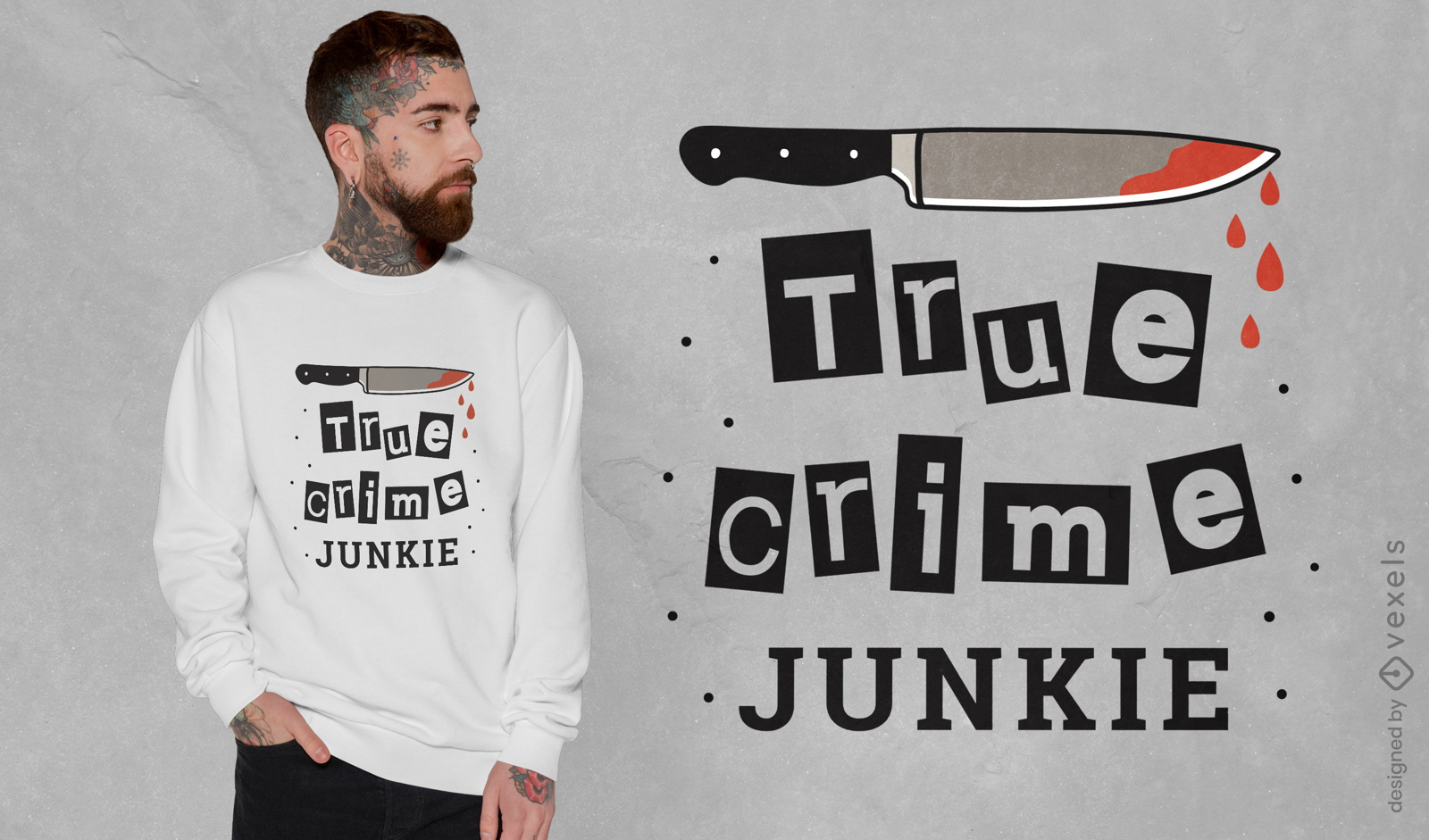 Design de camiseta de faca de viciado em crime verdadeiro