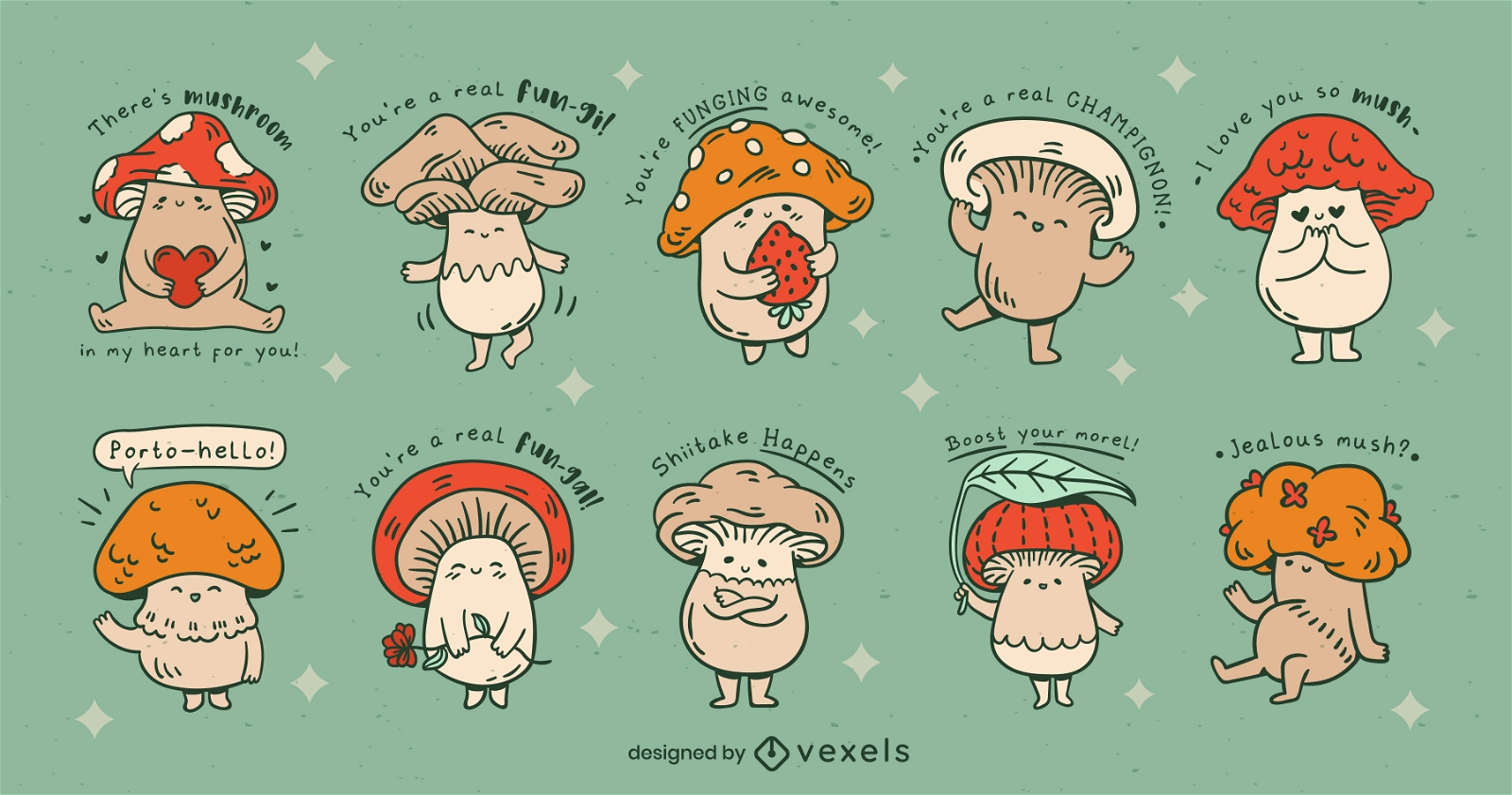 Cute mushroom characters and quotes set