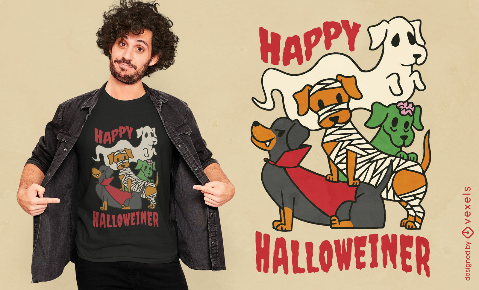 Glücklicher Halloween-Dackel verfolgt T-Shirt-Design