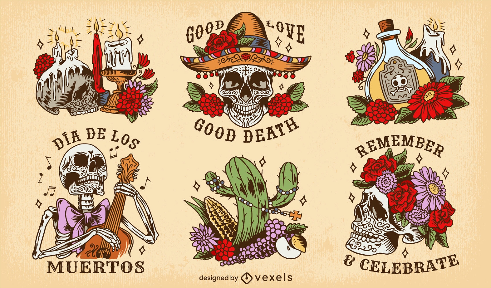 Conjunto de emblemas de elementos Dia de los Muertos
