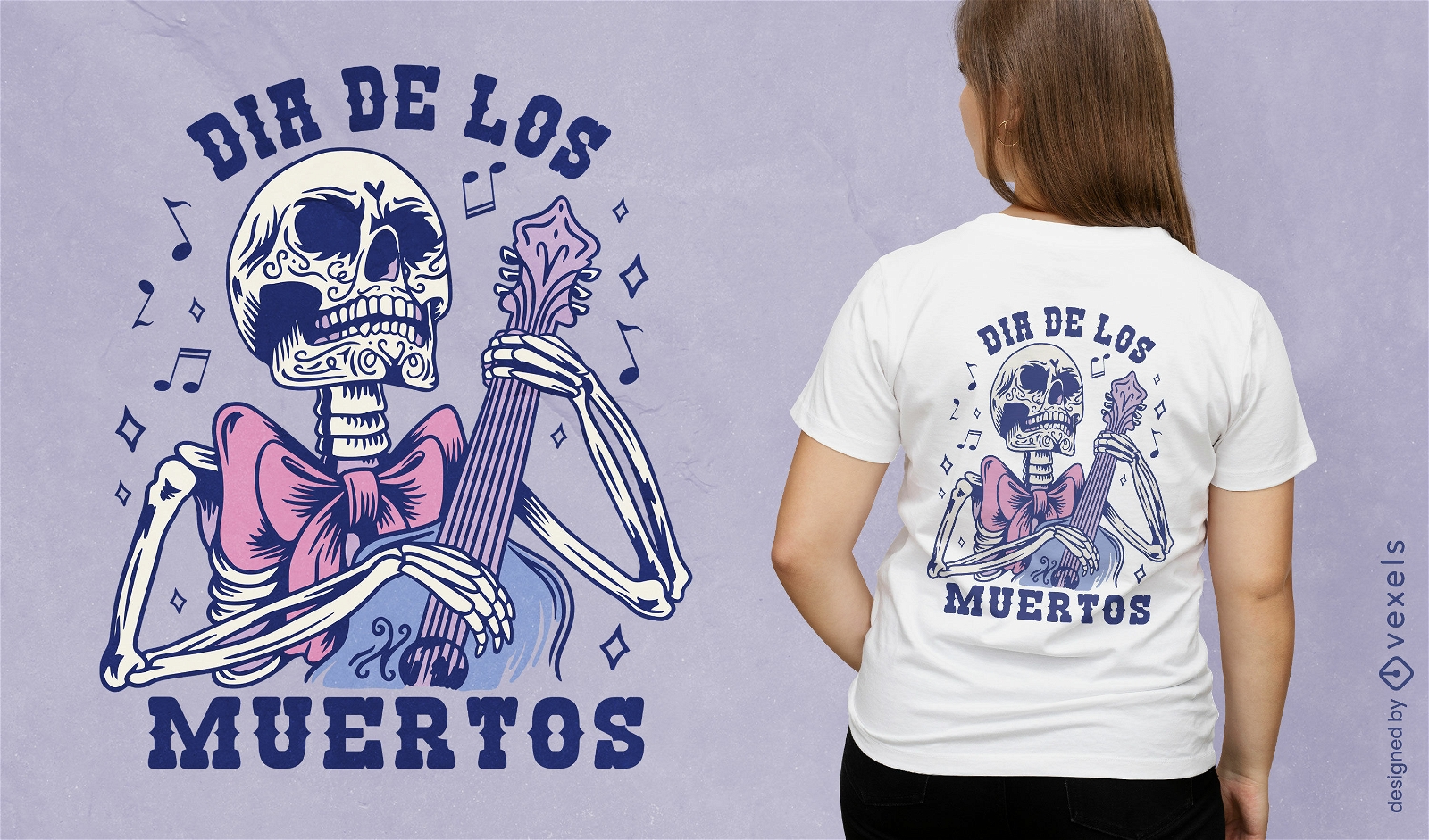 Esqueleto de mariachi con diseño de camiseta de guitarra.