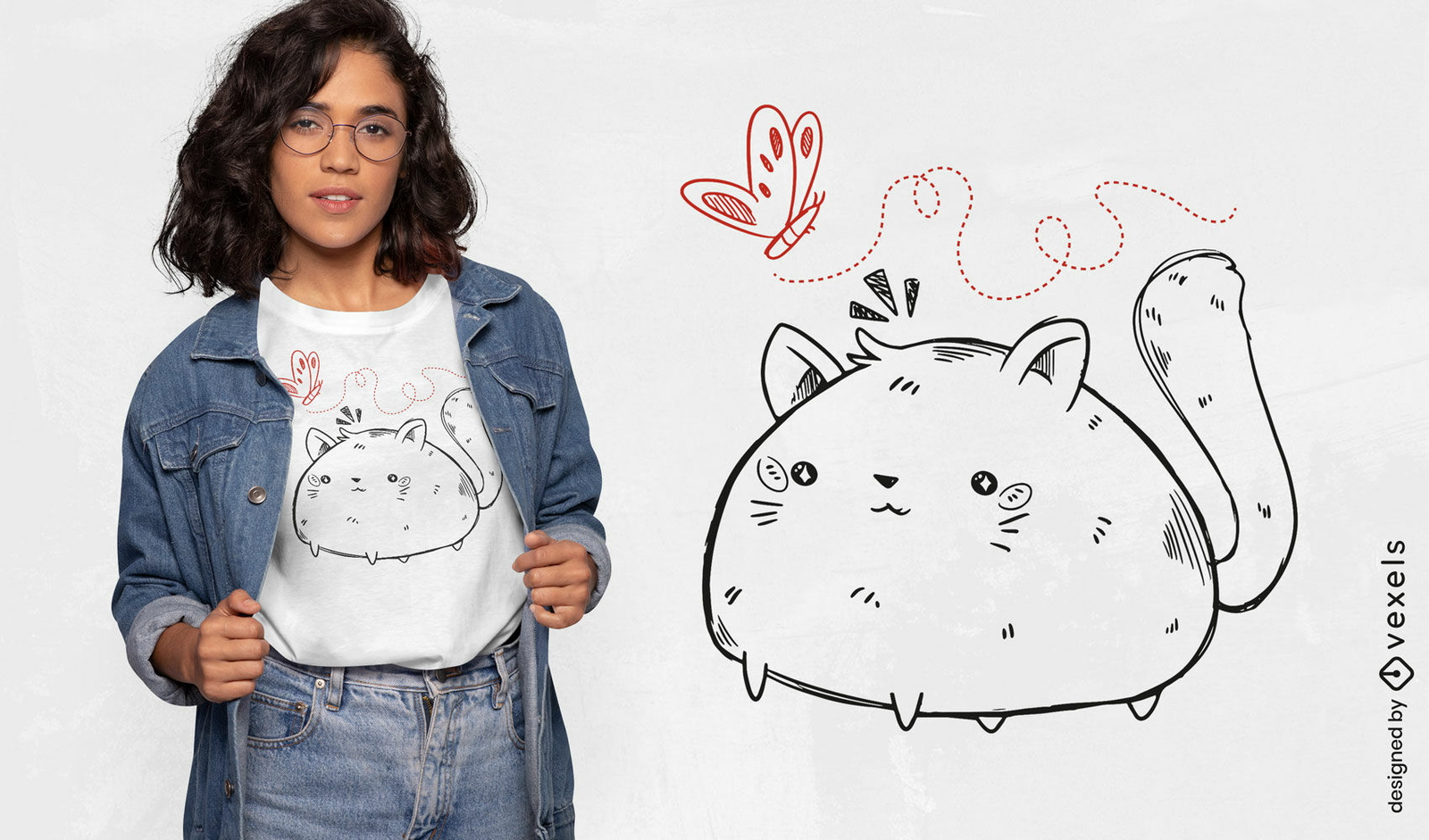 Diseño de camiseta de gato gordito y mariposa.