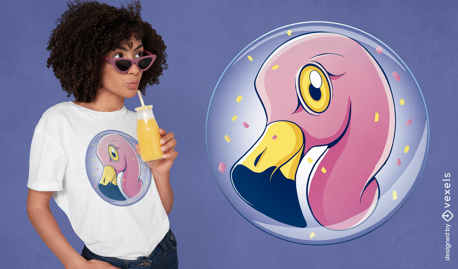 Flamingo en diseño de camiseta de pelota de goma