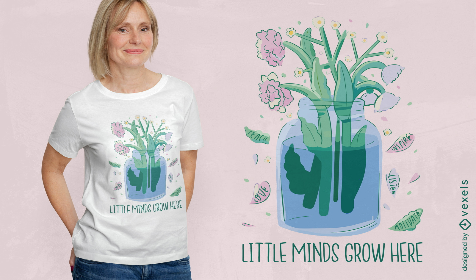 Diseño de camiseta de tarro con flores y plantas.