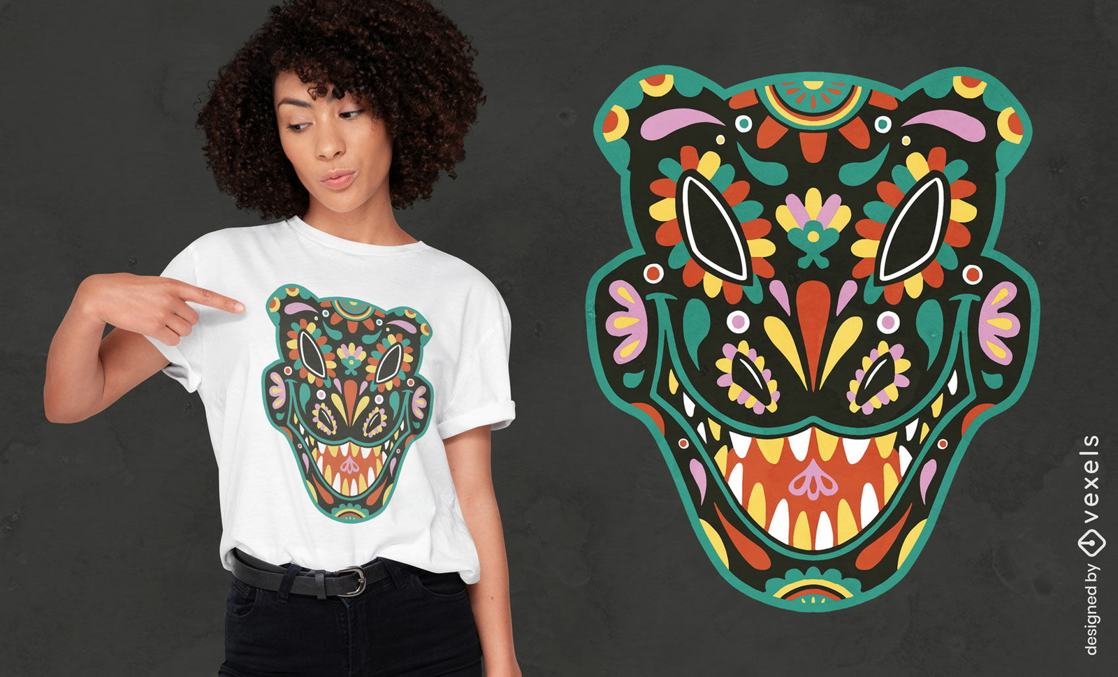 Diseño de camiseta de cabeza de t-rex del día de los muertos