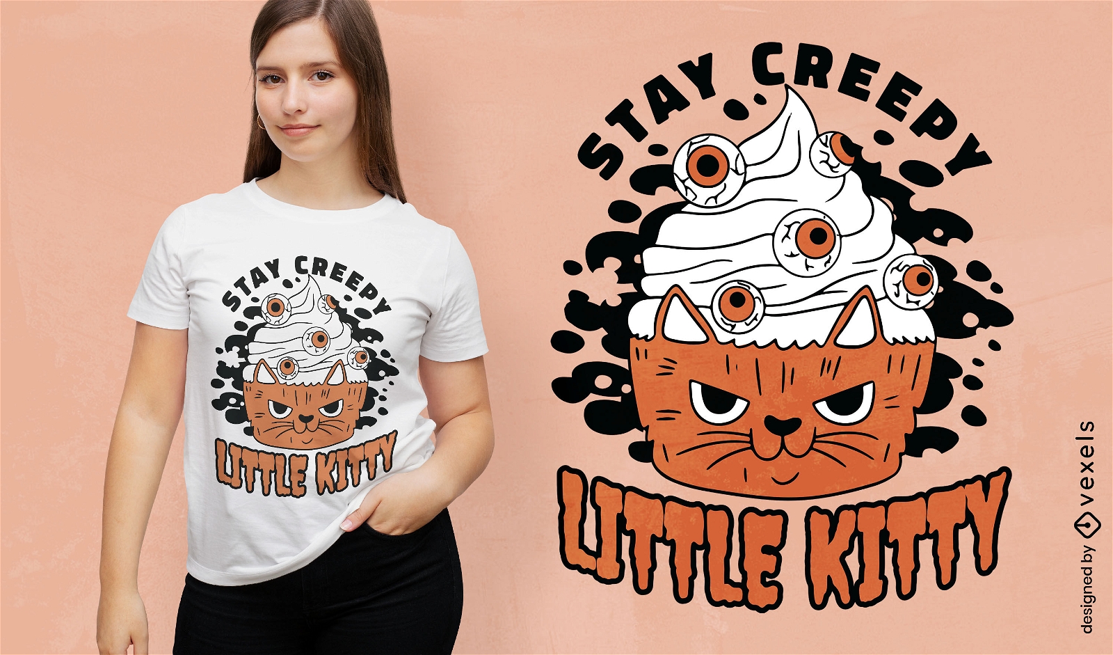 Design de camiseta de cupcake de gato assustador