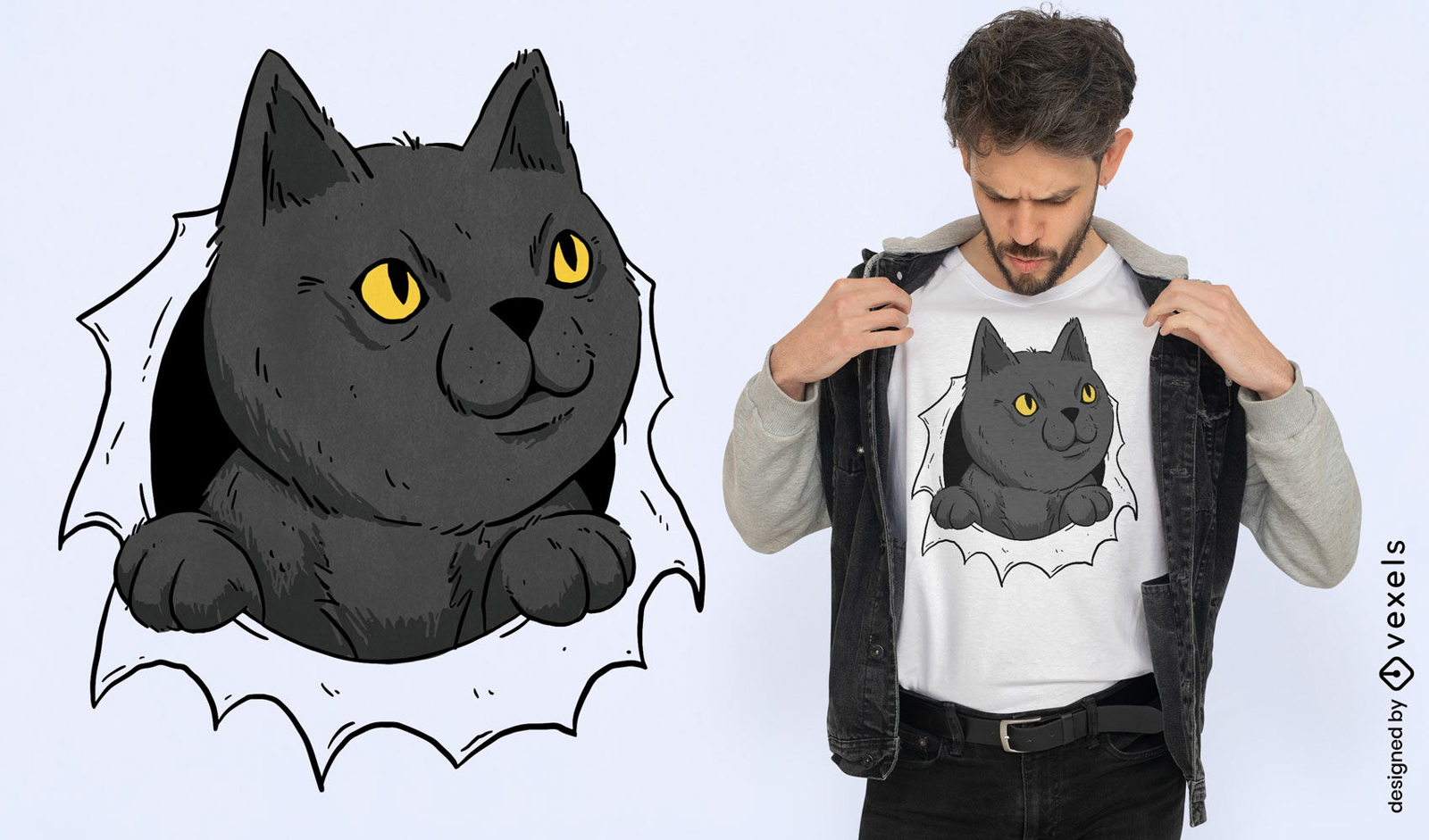 T-Shirt-Design mit zerrei?endem Hemd der schwarzen Katze