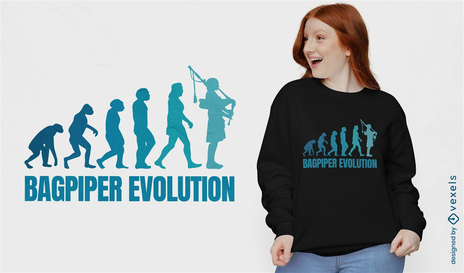 Design de t-shirt da evolução do músico gaita de foles