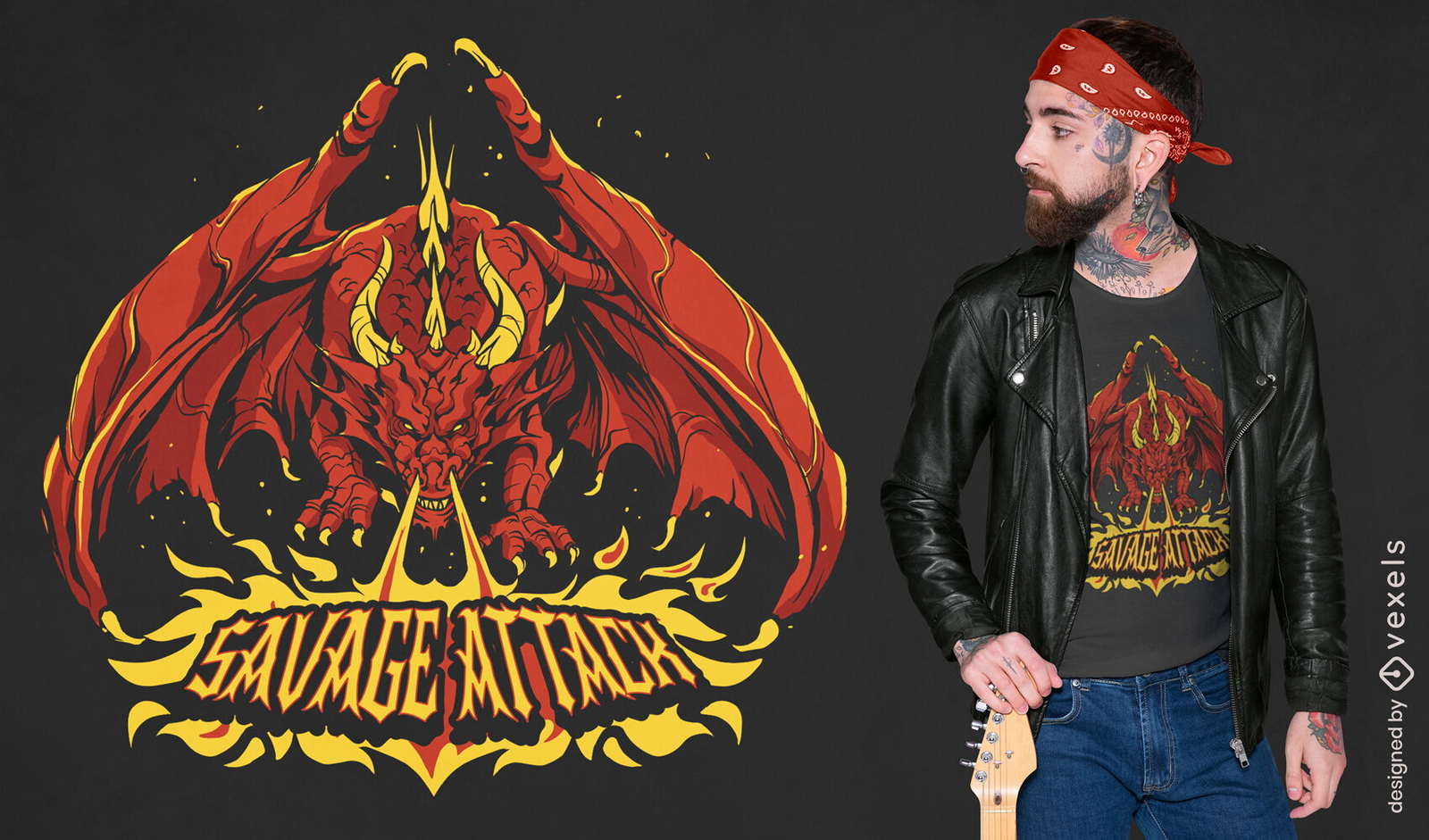 Criatura dragón con diseño de camiseta de fuego.