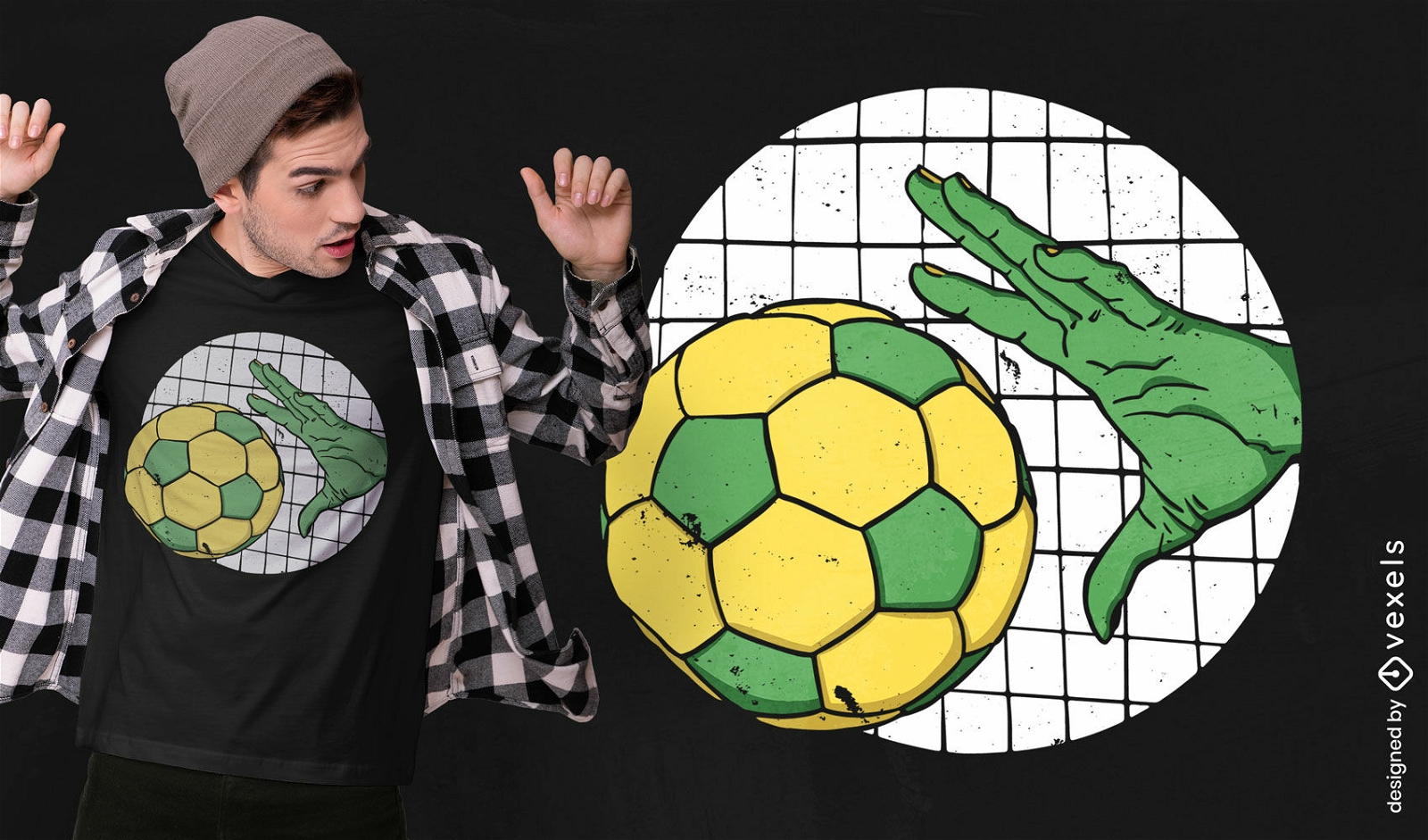 Diseño de camiseta deportiva de mano y fútbol.