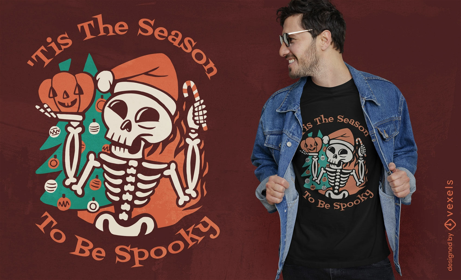 Diseño de camiseta de dibujos animados de esqueleto de navidad