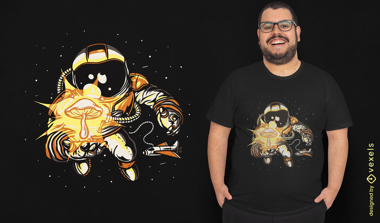 Astronauta con diseño de camiseta de hongo espacial.