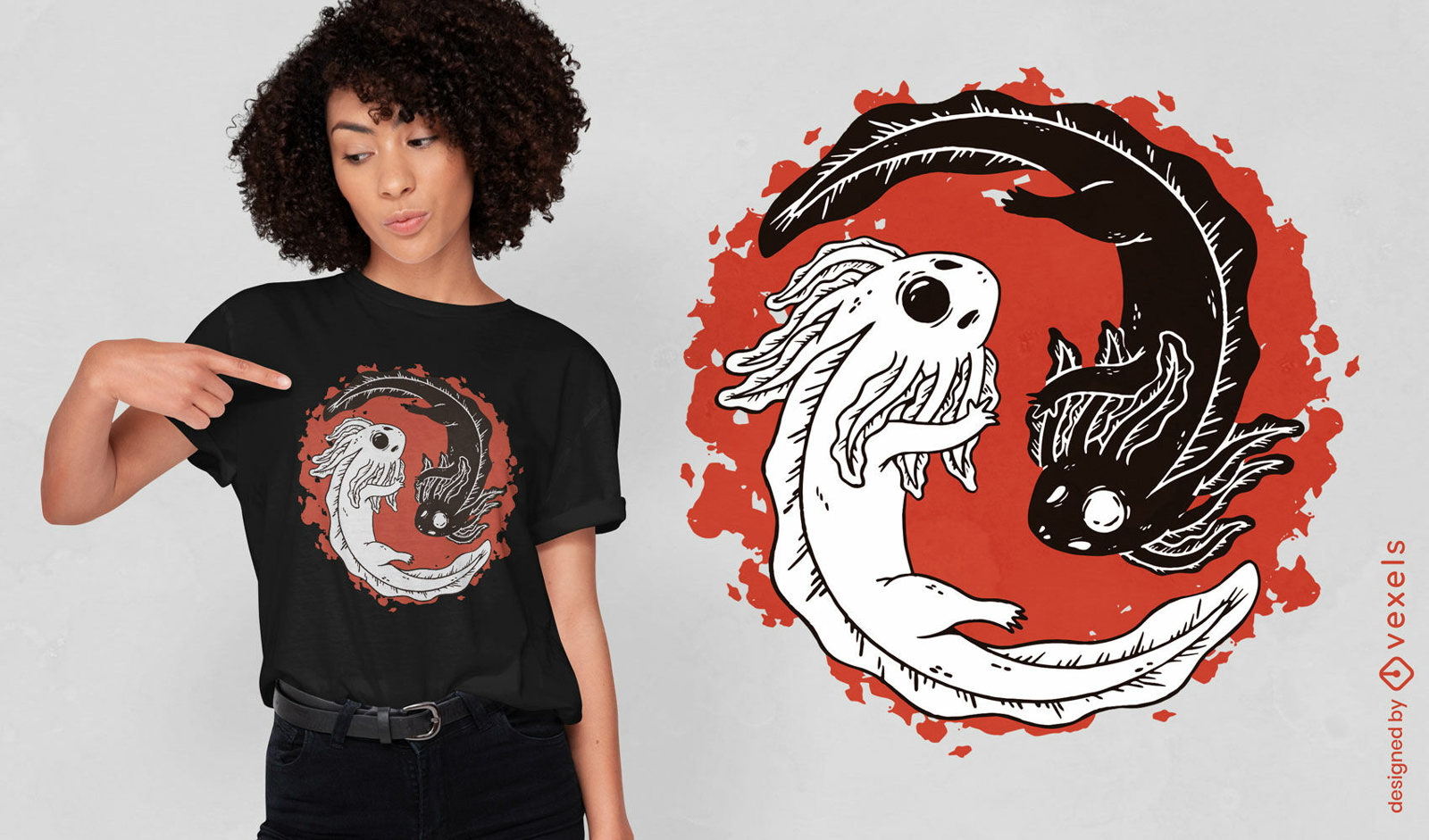 Diseño de camiseta de ajolote con símbolo de yin yang