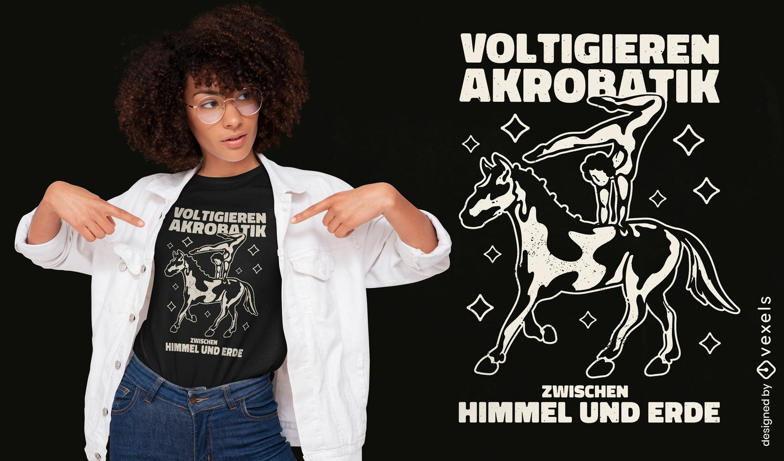 Mulher acrobática no design de t-shirt de cavalo