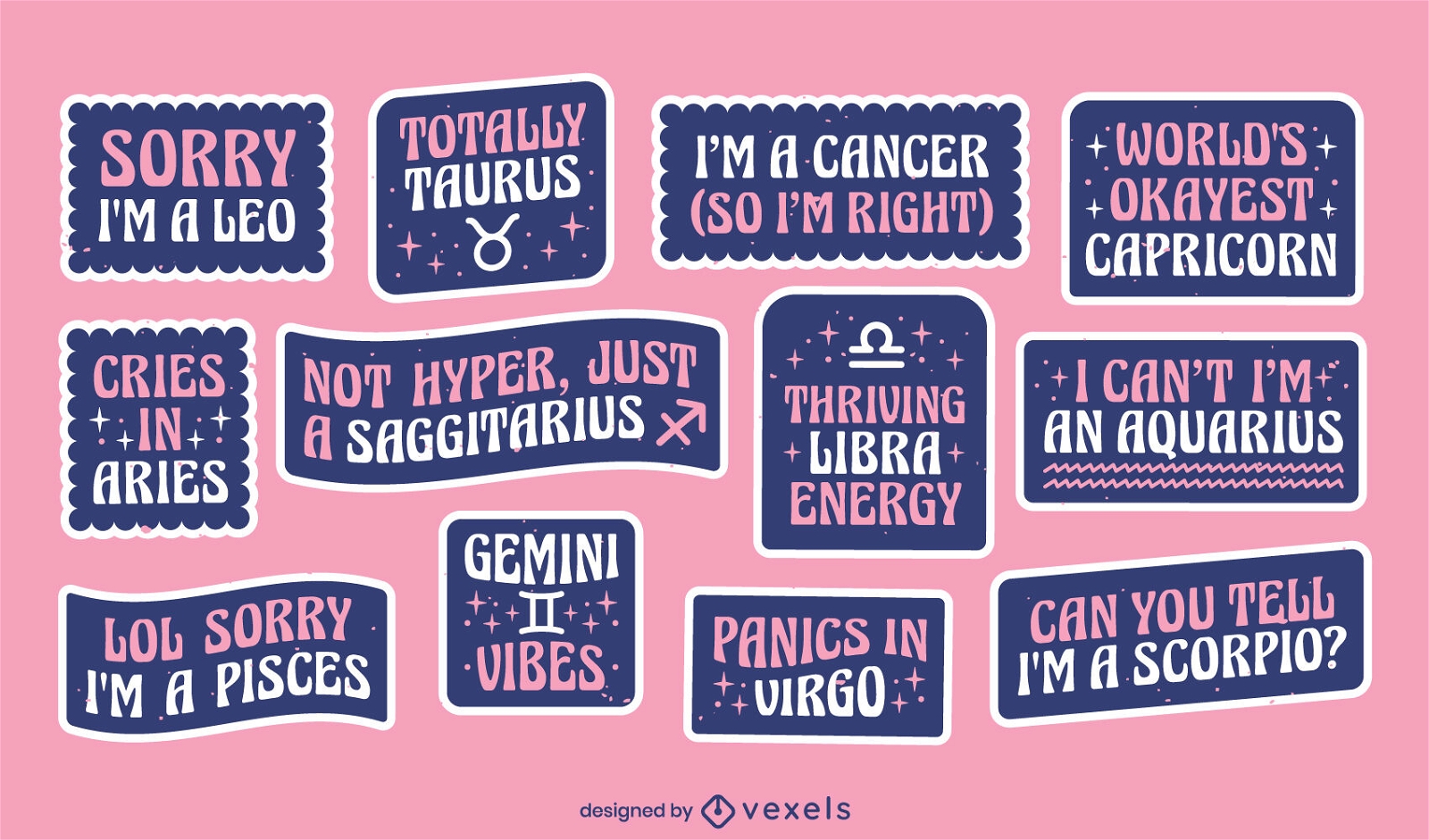 Conjunto de citas de pegatinas divertidas de signos del zodiaco