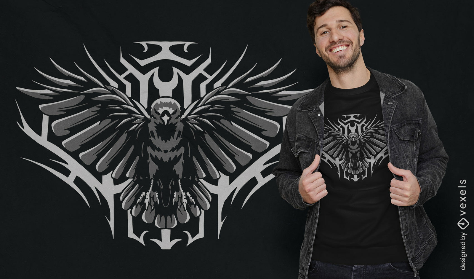 Design de camiseta de asas abertas voando de pássaro corvo