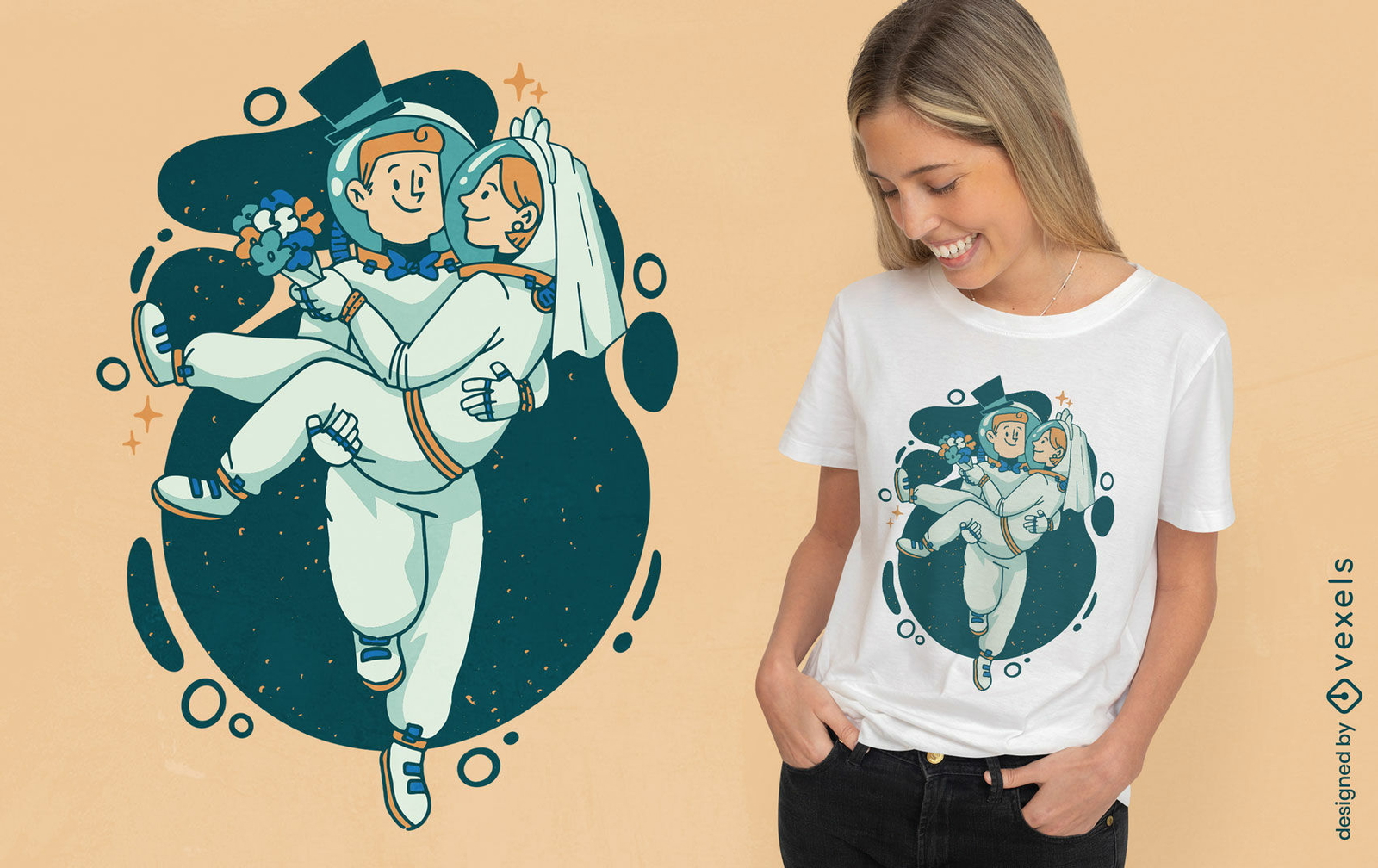 Diseño de camiseta de pareja de astronautas enamorados