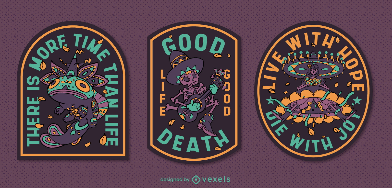 Day of the dead quotes cartoon badges set