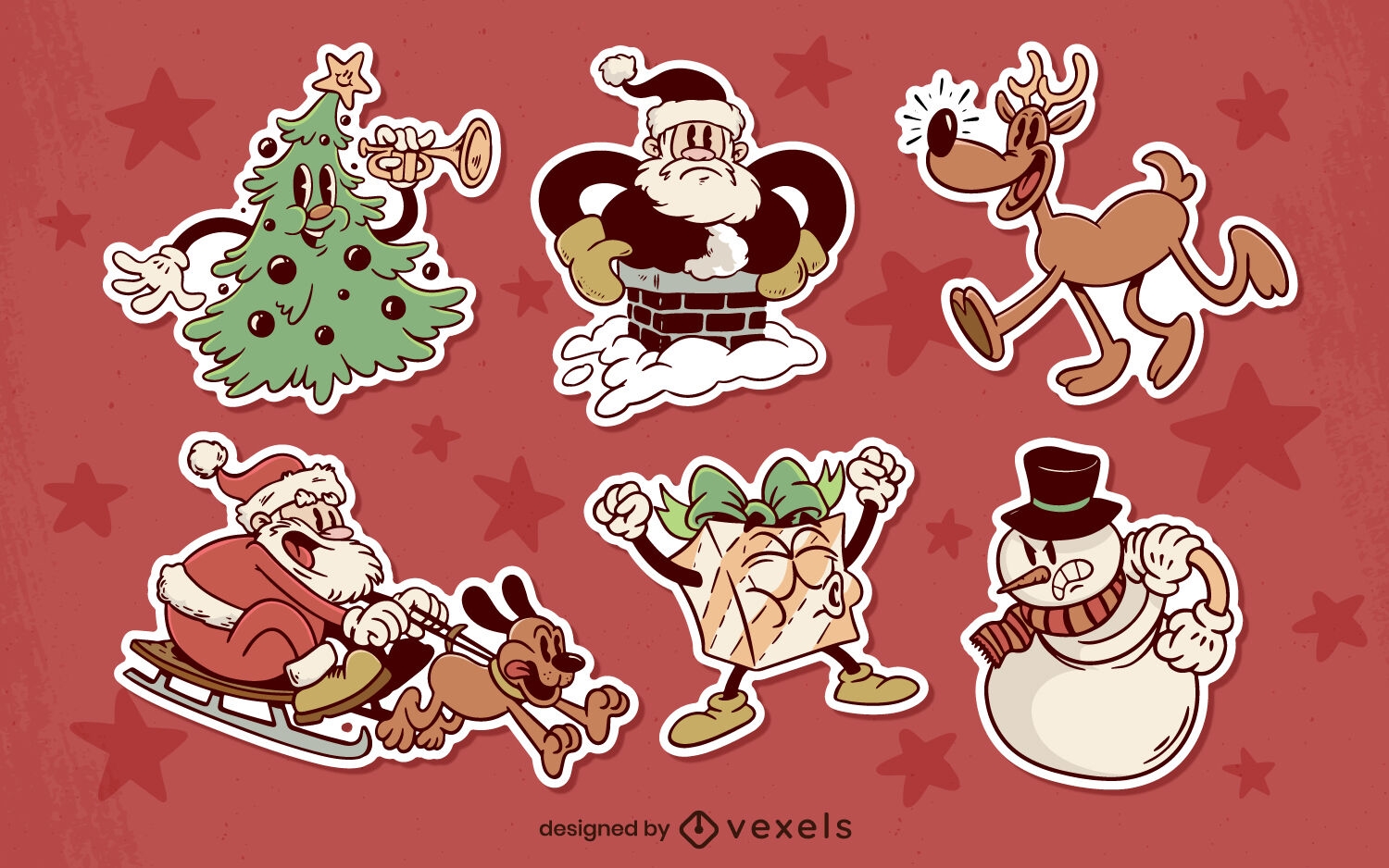 Conjunto de pegatinas de dibujos animados retro de Navidad