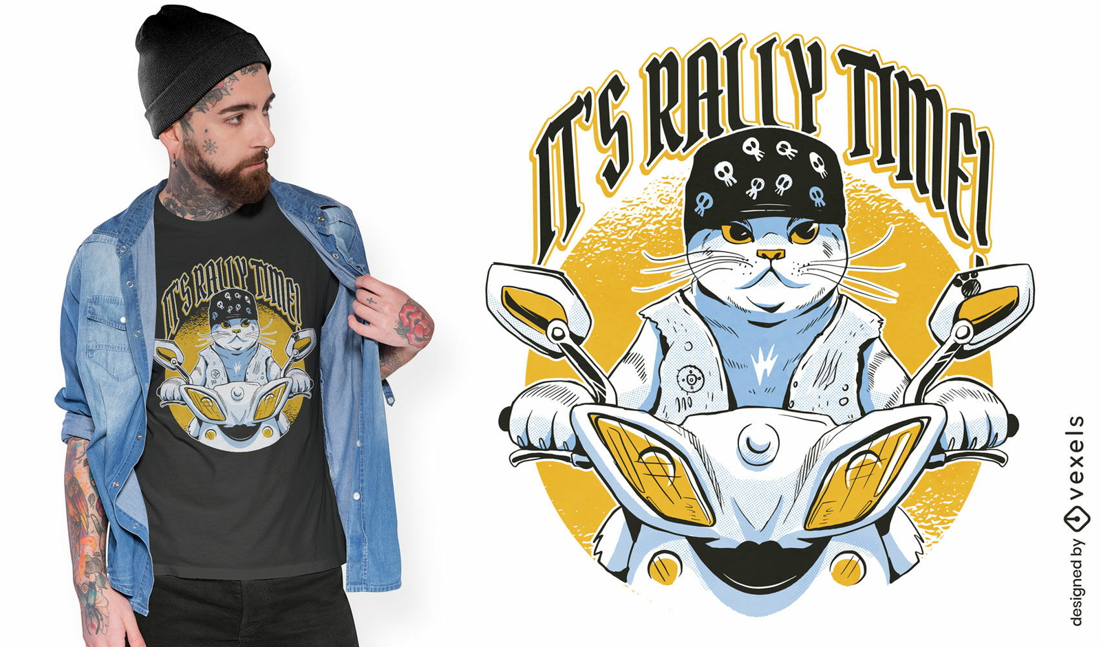 Diseño de camiseta de animal gato en moto.