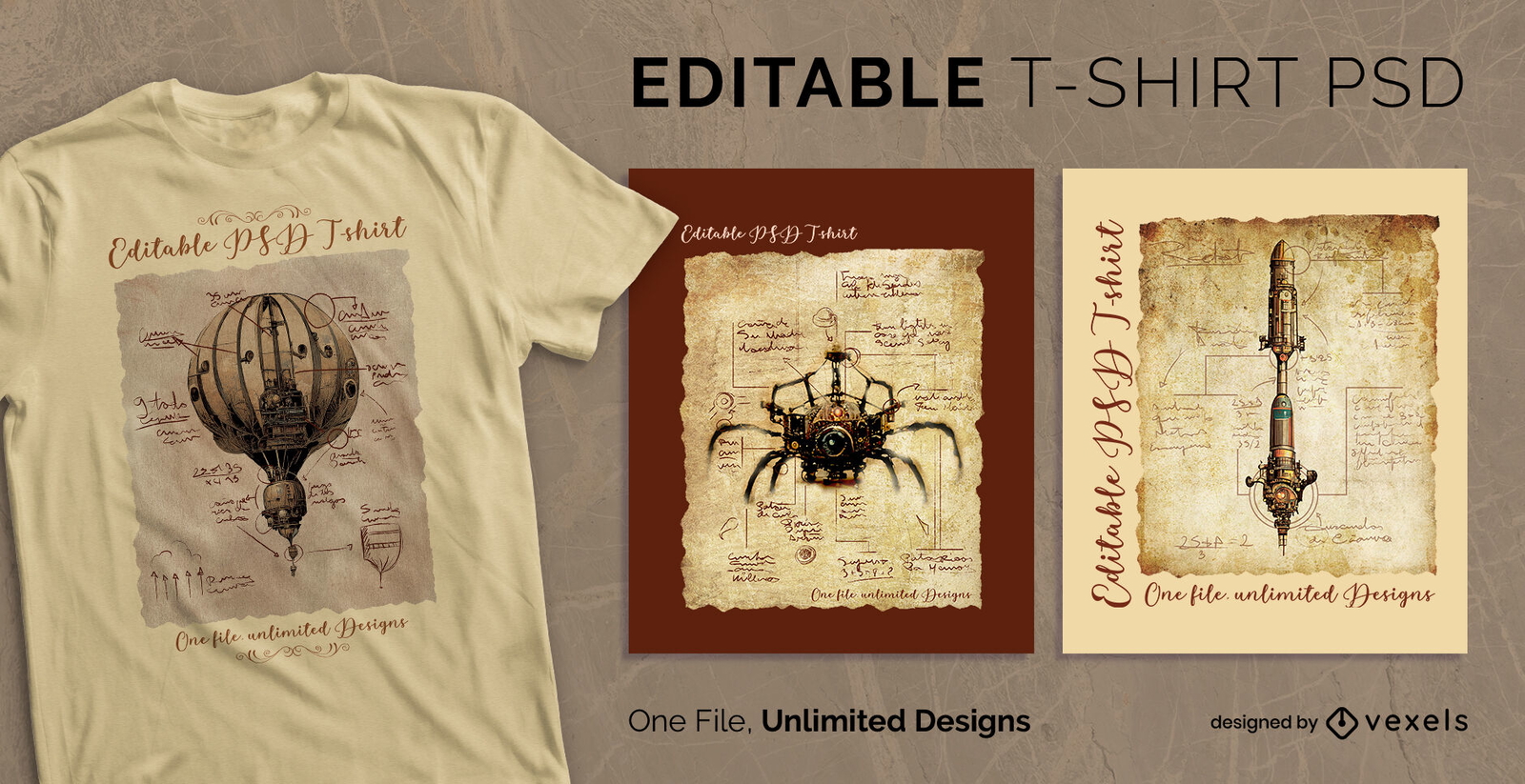 T-shirt escalável realista de elementos Steampunk psd