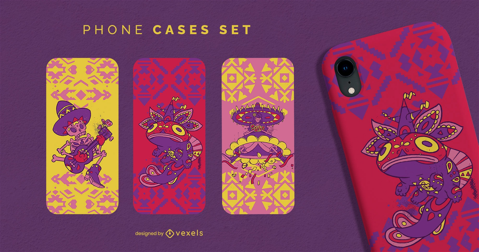 Day of the dead characters and animals phone cases set
